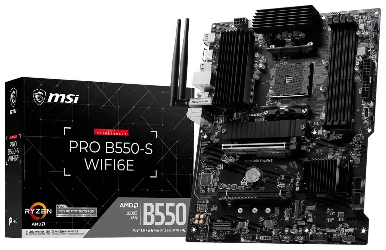 Caja y placa base MSI PRO B550-S WIFI6E con disipadores y antena Wi-Fi