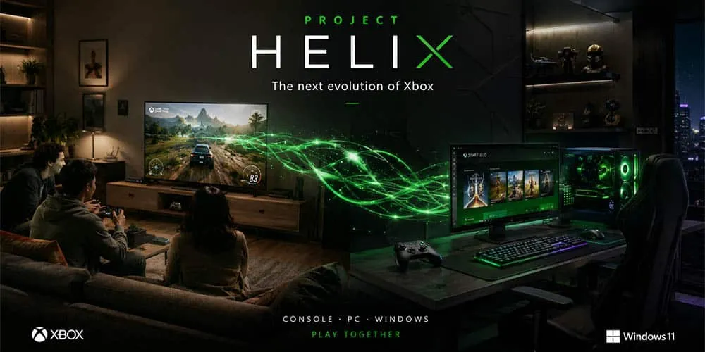 Arte promocional de Project Helix con el eslogan «The next evolution of Xbox», una sala de estar con jugadores frente a la tele y un PC iluminado en verde