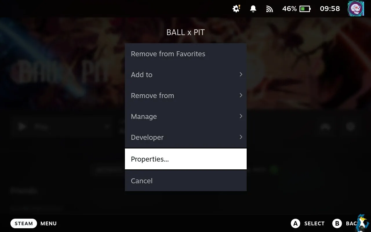 Menú de propiedades de un juego en la biblioteca de Steam en SteamOS
