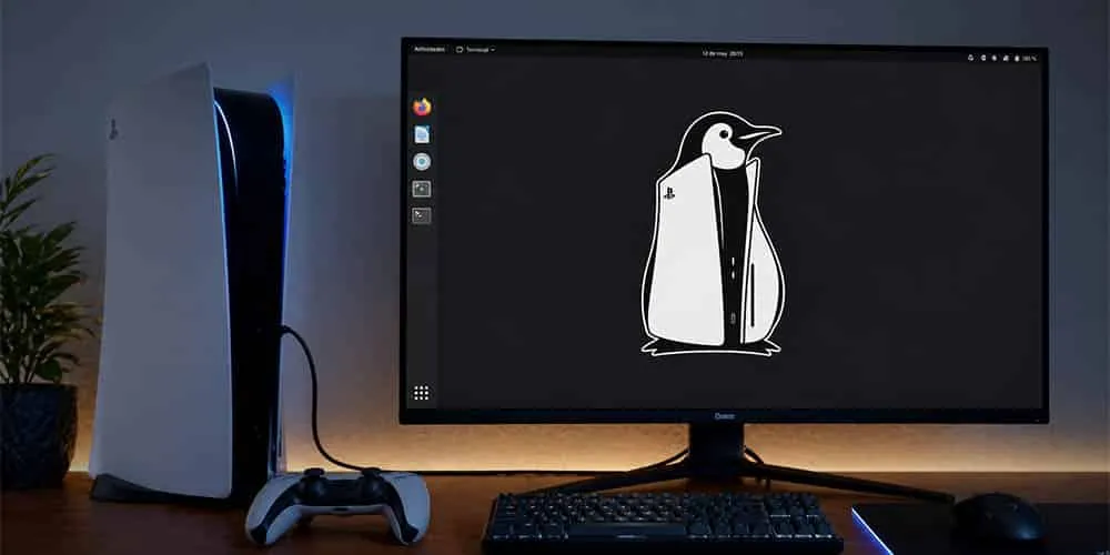Consola PS5 conectada a un monitor que ejecuta Linux, con el pingüino Tux como fondo