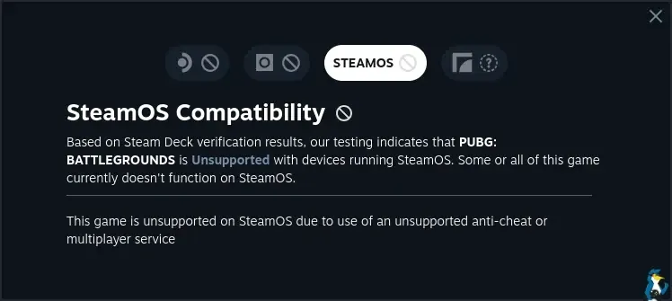 Aviso de un juego indicando que no es compatible con SteamOS Linux