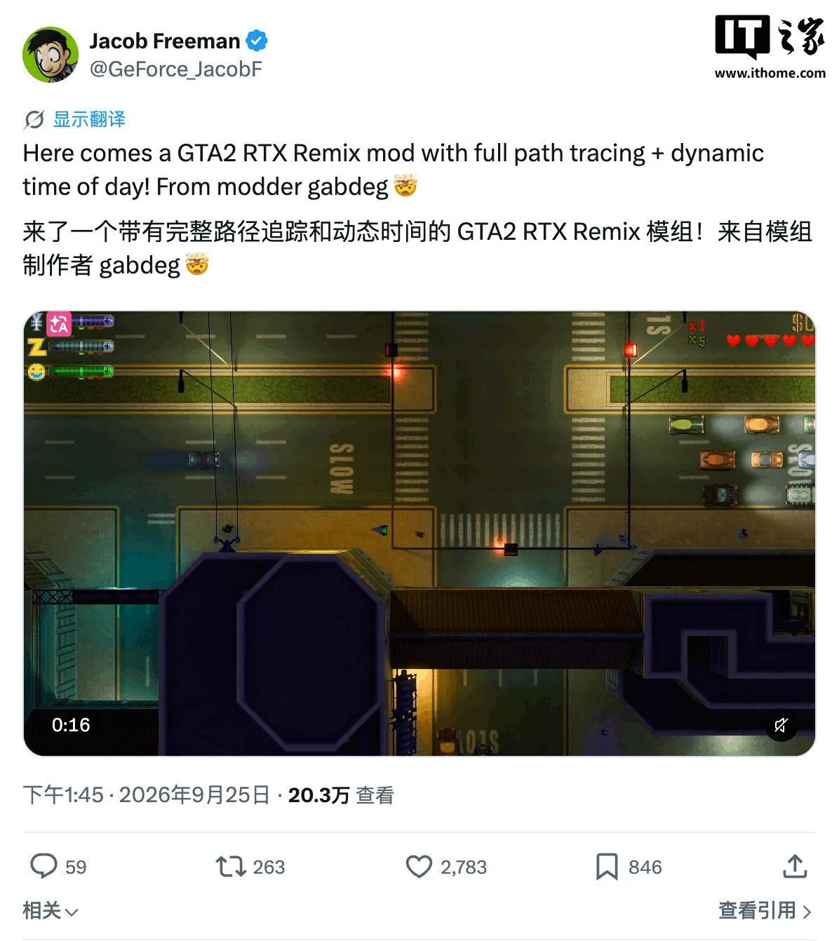 Publicación de Jacob Freeman en X mostrando el mod GTA2 RTX Remix