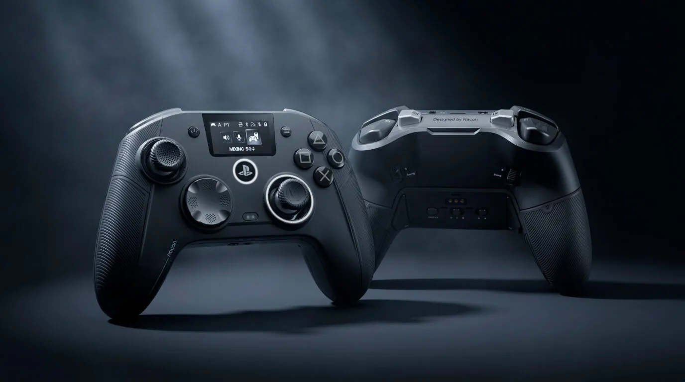 Two views of the Nacon Revolution 5 Unlimited controller, front and back
