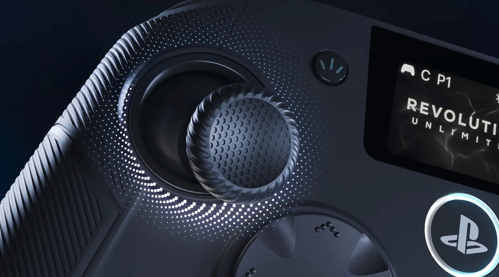 Close-up of the left joystick and the control screen on the Revolution 5 Unlimited