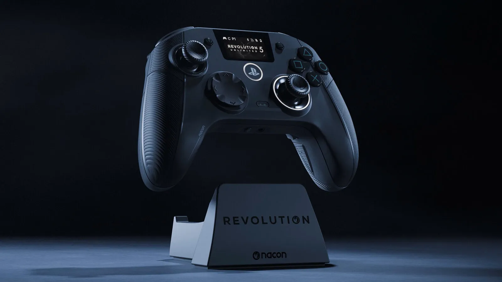 Revolution 5 Unlimited controller resting on the REVOLUTION charging dock