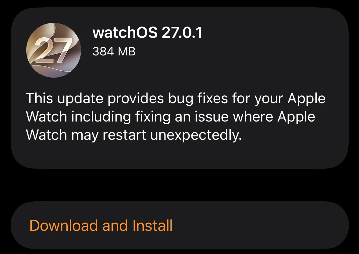 Pantalla de descarga de watchOS 27.0.1 en el Apple Watch, con las notas de la versión y el botón para instalar la actualización