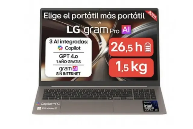 Render oficial del LG gram Pro 17 con la pantalla encendida y sus cifras de autonomía y peso