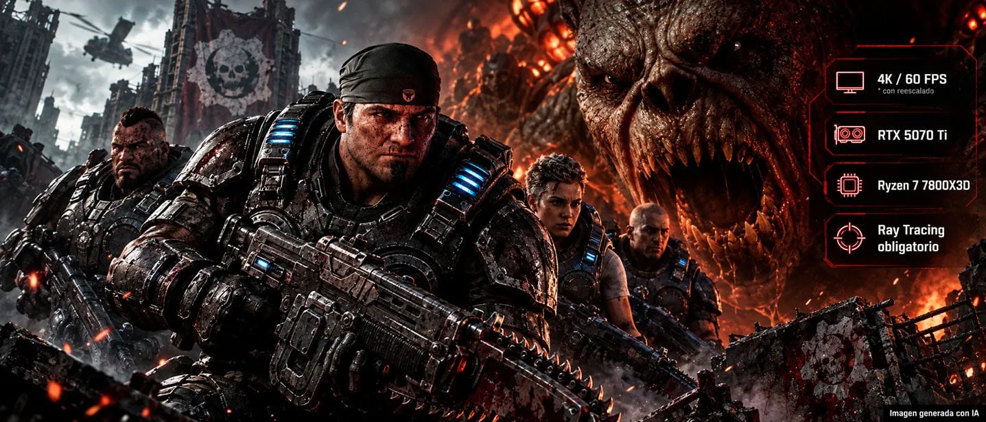 Escena promocional de Gears of War: E-Day con un resumen gráfico de los requisitos para 4K