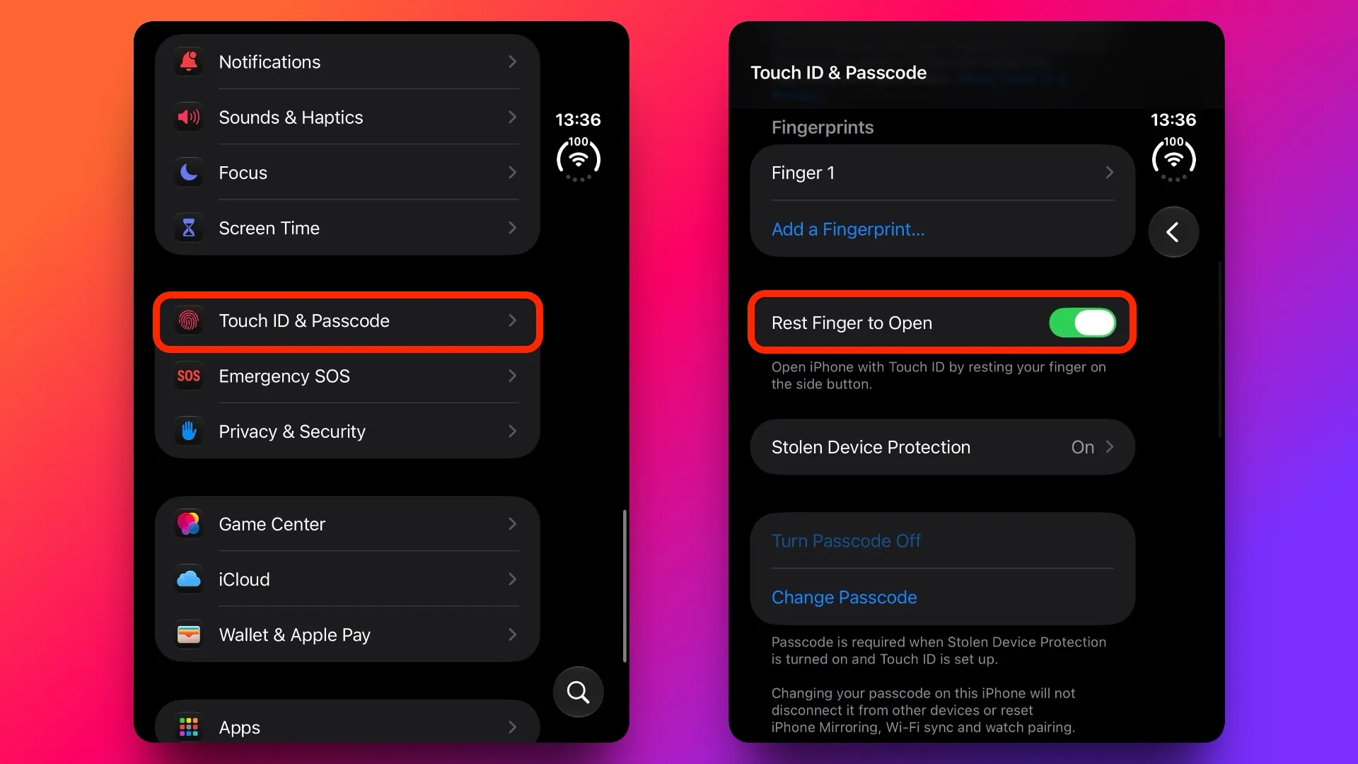 Capturas en inglés de Touch ID & Passcode y del interruptor Rest Finger to Open activado