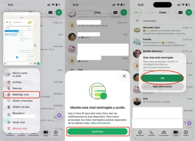 Opción Restringir chat en la lista de conversaciones de WhatsApp