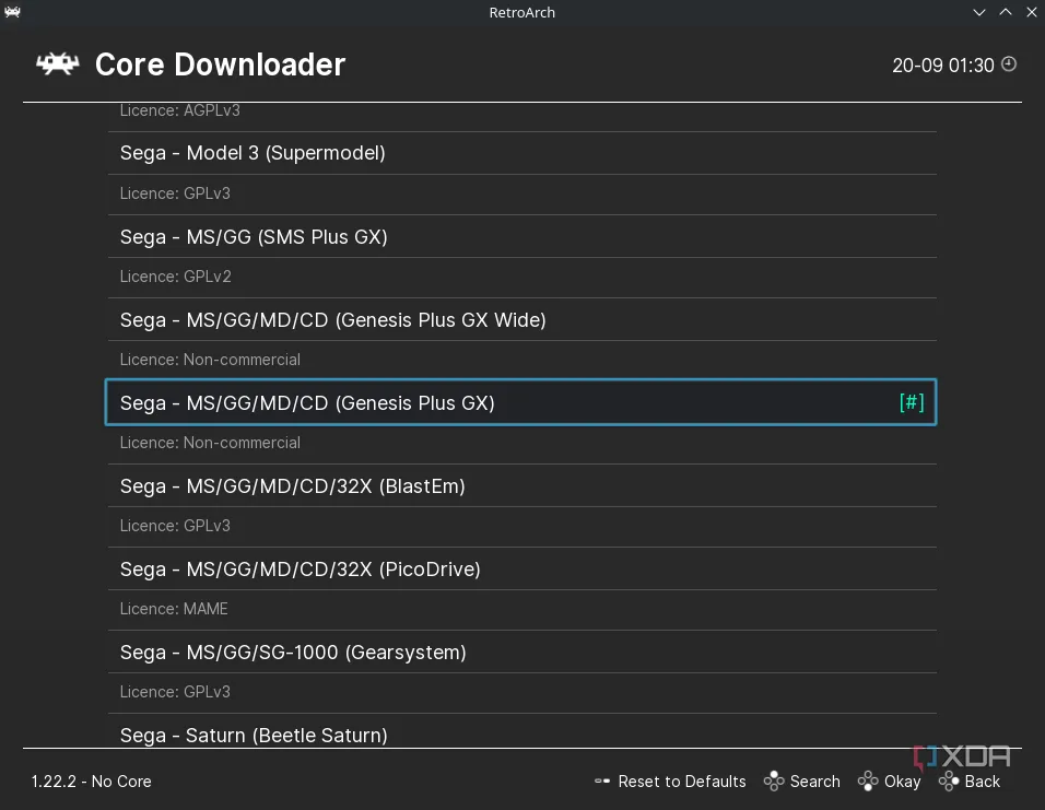 Lista de cores en RetroArch con Sega - MS/GG/MD/CD (Genesis Plus GX) seleccionado