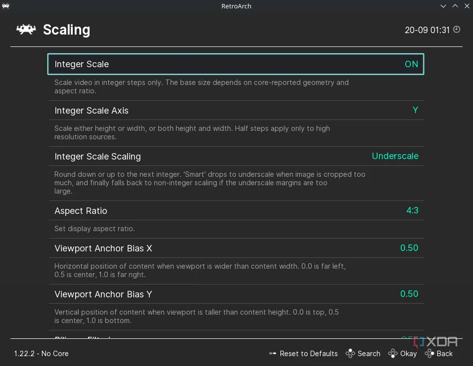 Menú Scaling con Integer Scale en On y la relación de aspecto en 4:3