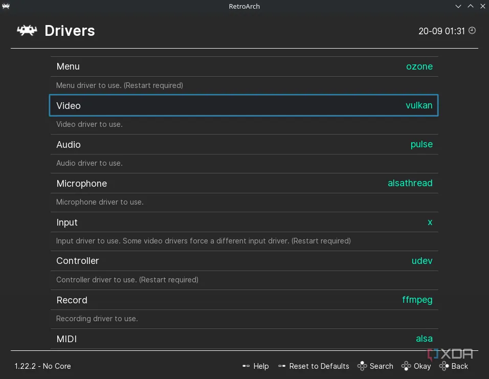 Menú Drivers con el controlador de vídeo cambiado de gl a Vulkan