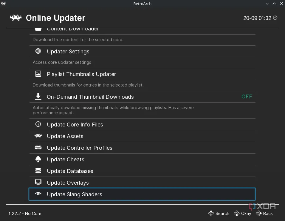 Menú Online Updater con la opción Update Slang Shaders resaltada