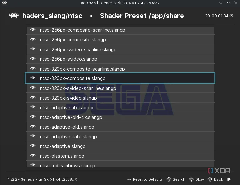 Lista de presets en la carpeta shaders_slang/ntsc con ntsc-320px-composite.slangp seleccionado