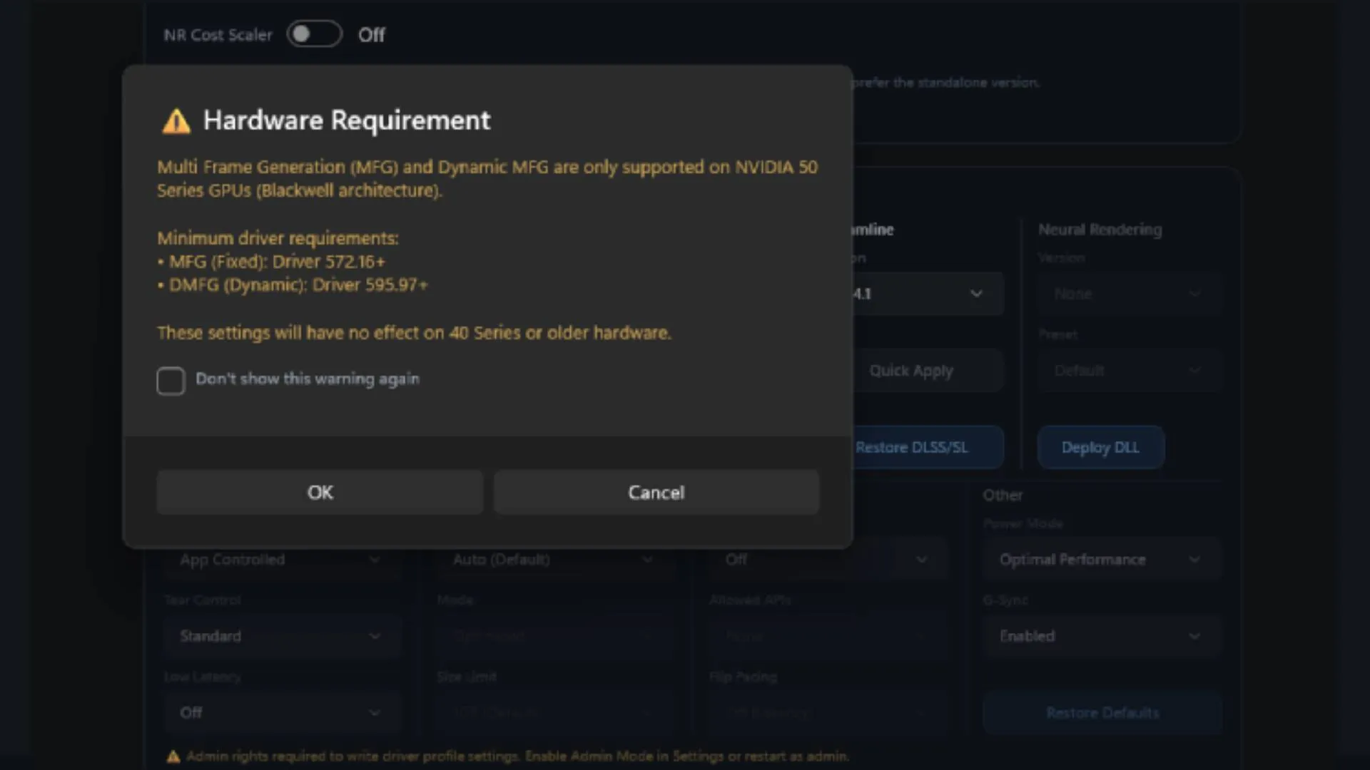 Aviso de RHI indicando que MFG solo está soportado en las GPU Nvidia de la serie 50