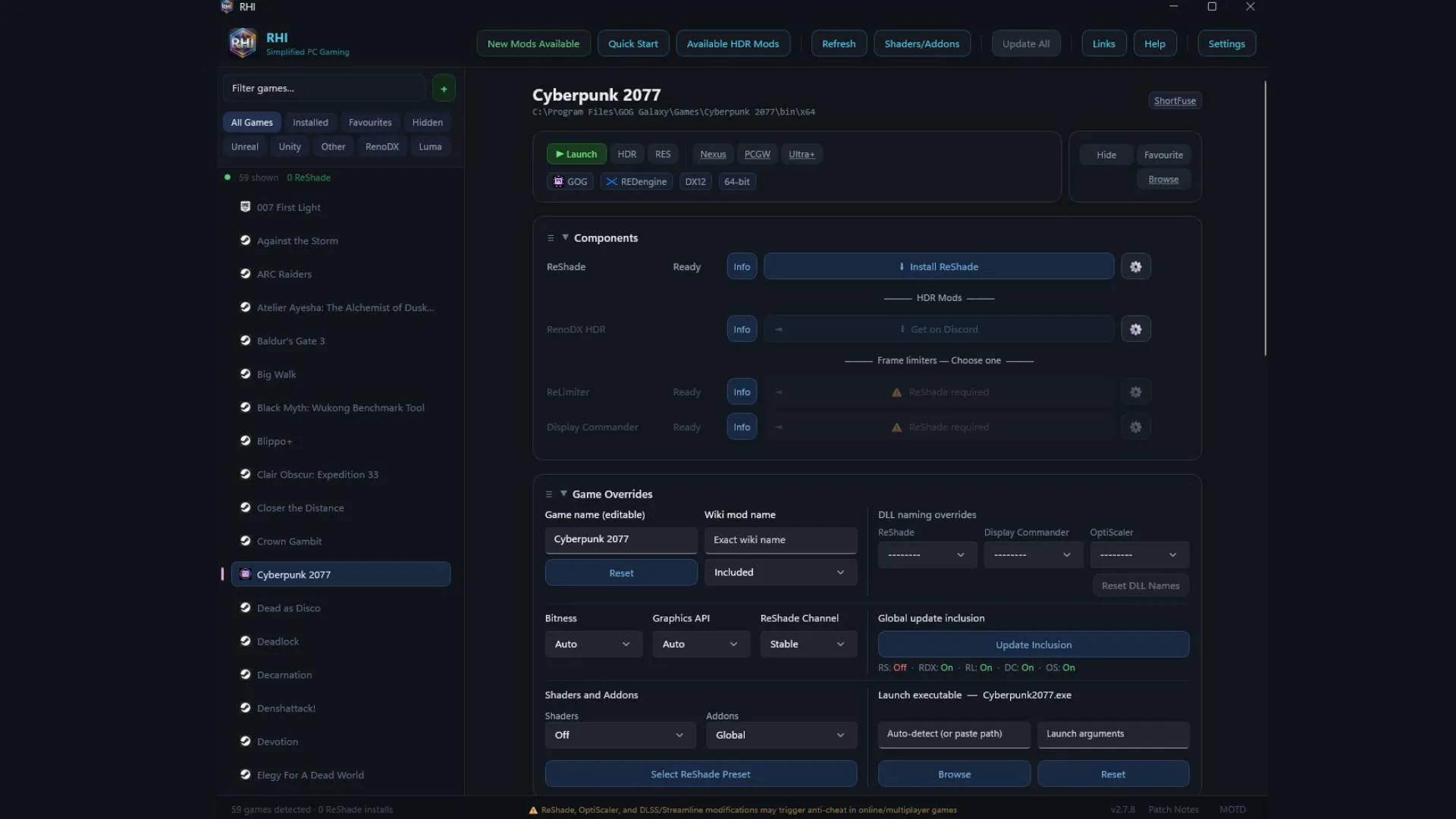 Panel de RHI con las opciones y mods específicos del juego seleccionado