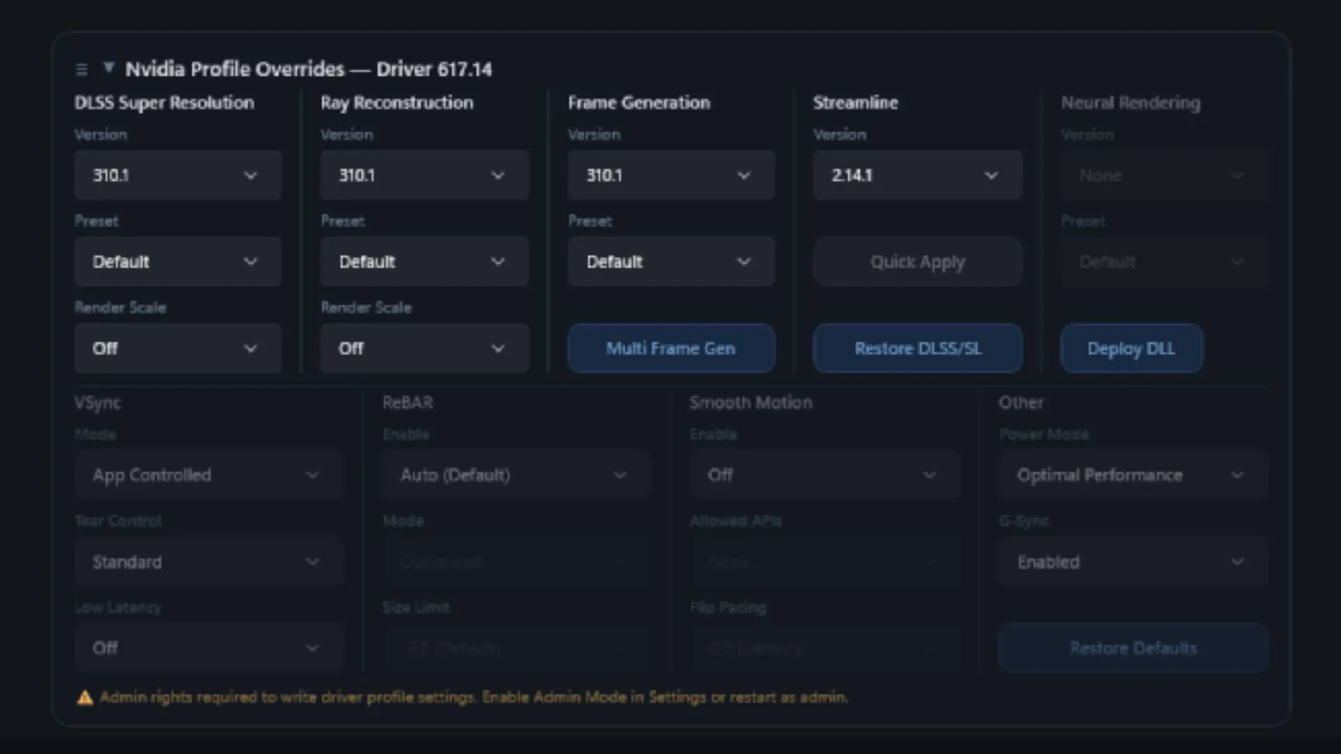 Apartado Nvidia Profile Overrides con el botón Multi Frame Generation en RHI
