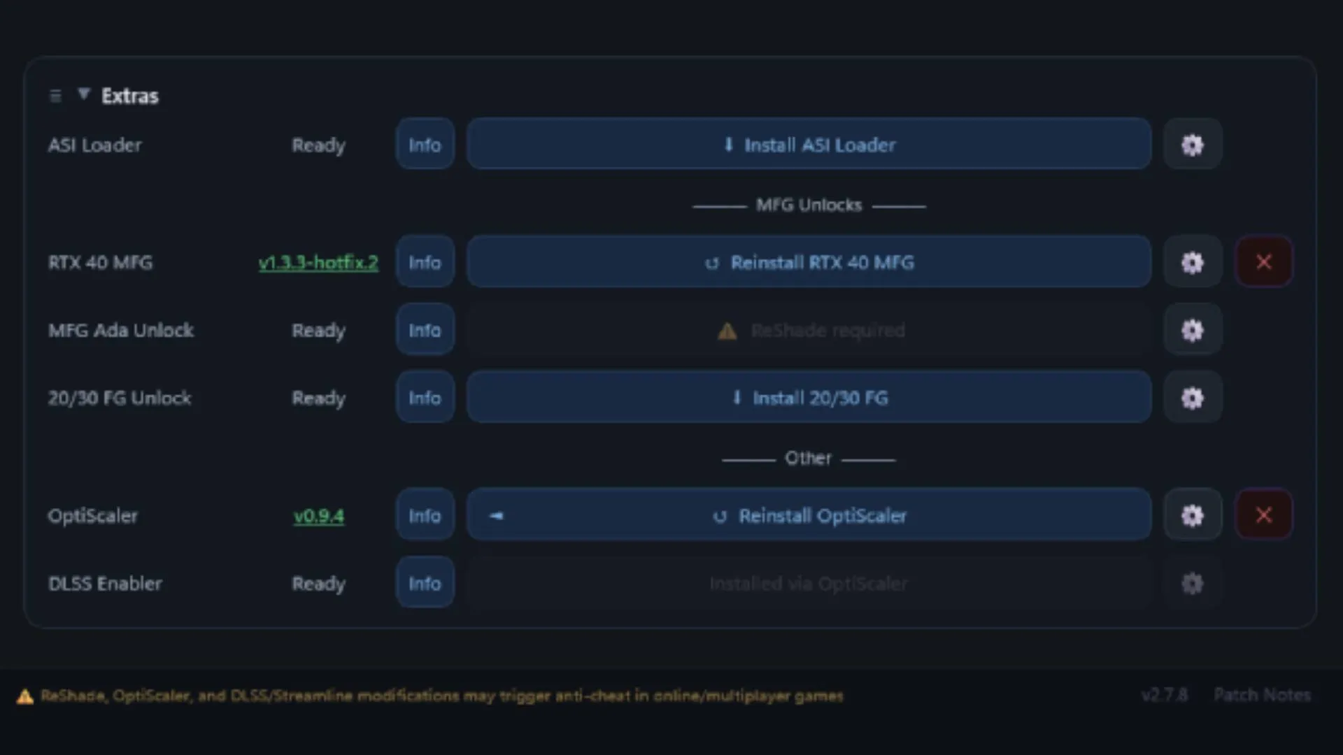Mods RTX 40 MFG y OptiScaler instalados desde el listado de opciones del juego