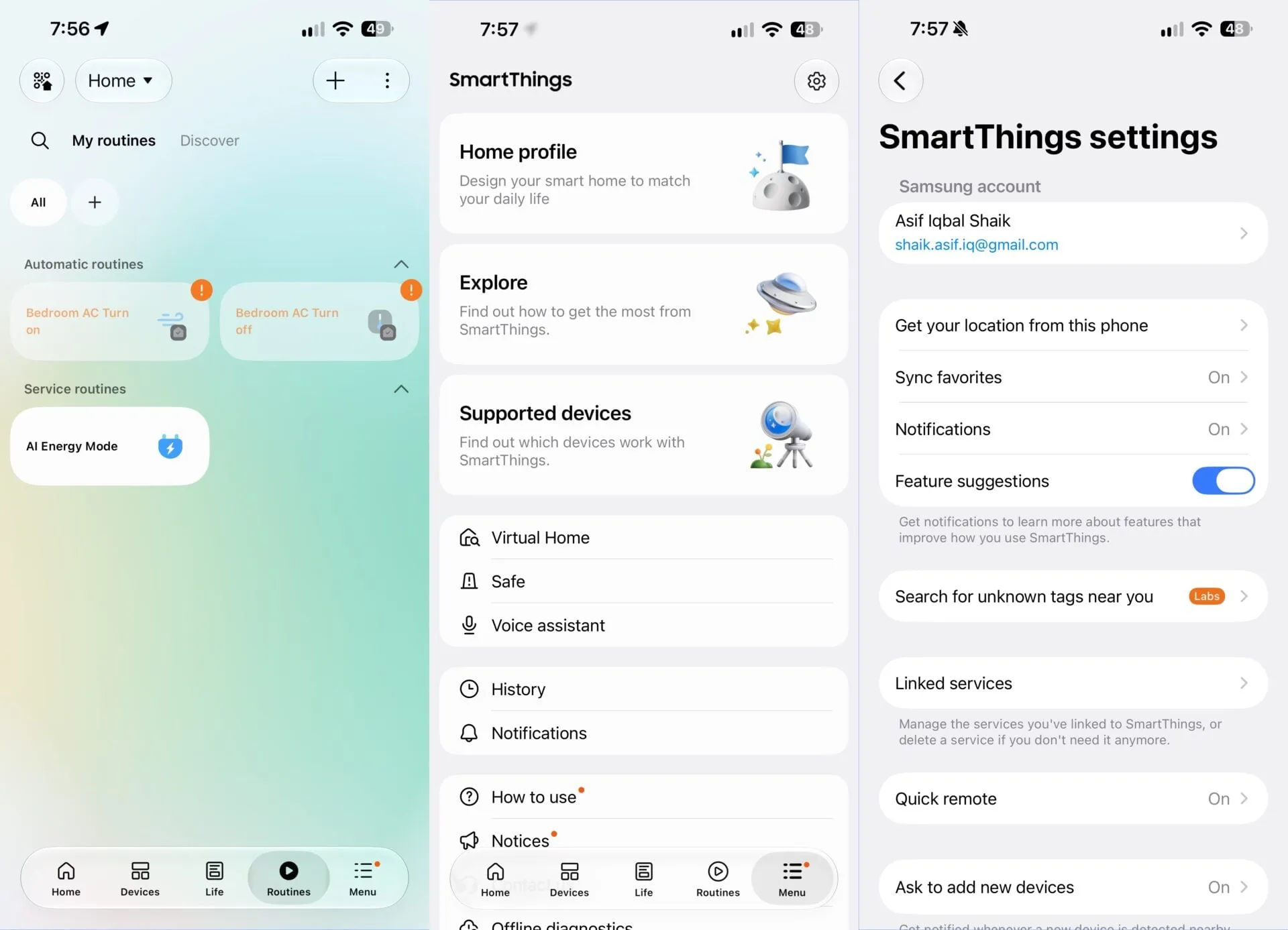 Secciones de rutinas, menú y ajustes de SmartThings en iOS