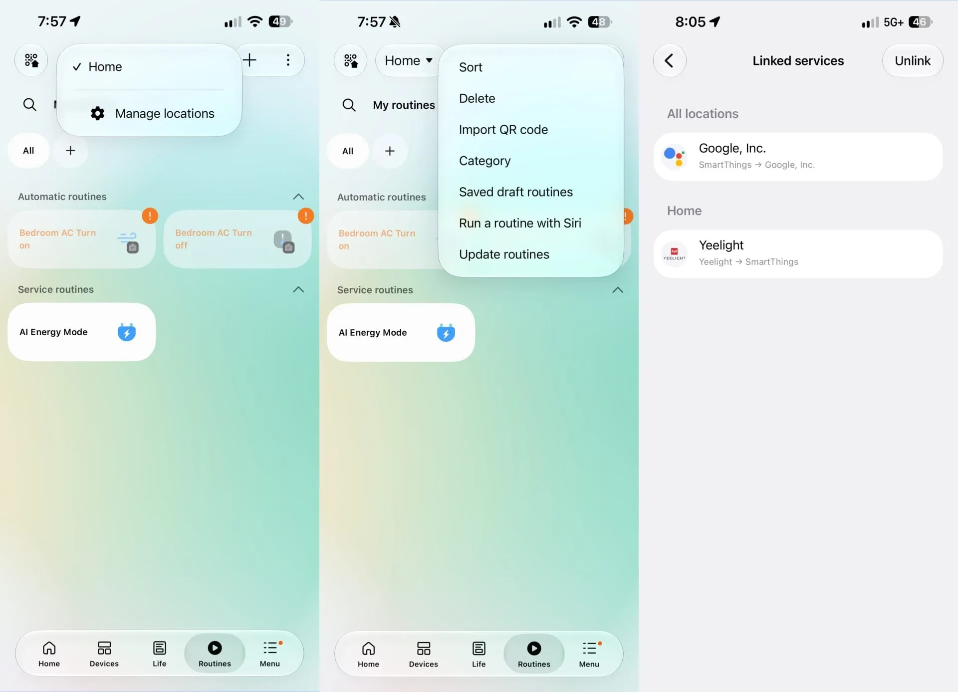 Ordenación de rutinas y servicios vinculados en SmartThings