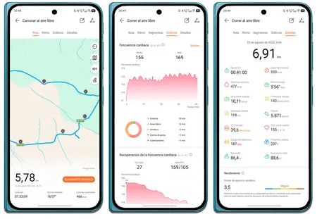 Pantalla del Watch GT 7 Pro con gráficas y datos de una ruta en exteriores
