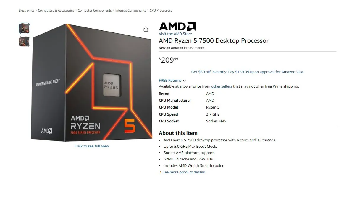 Listado del Ryzen 5 7500 en Amazon con su precio de 209,99 dólares