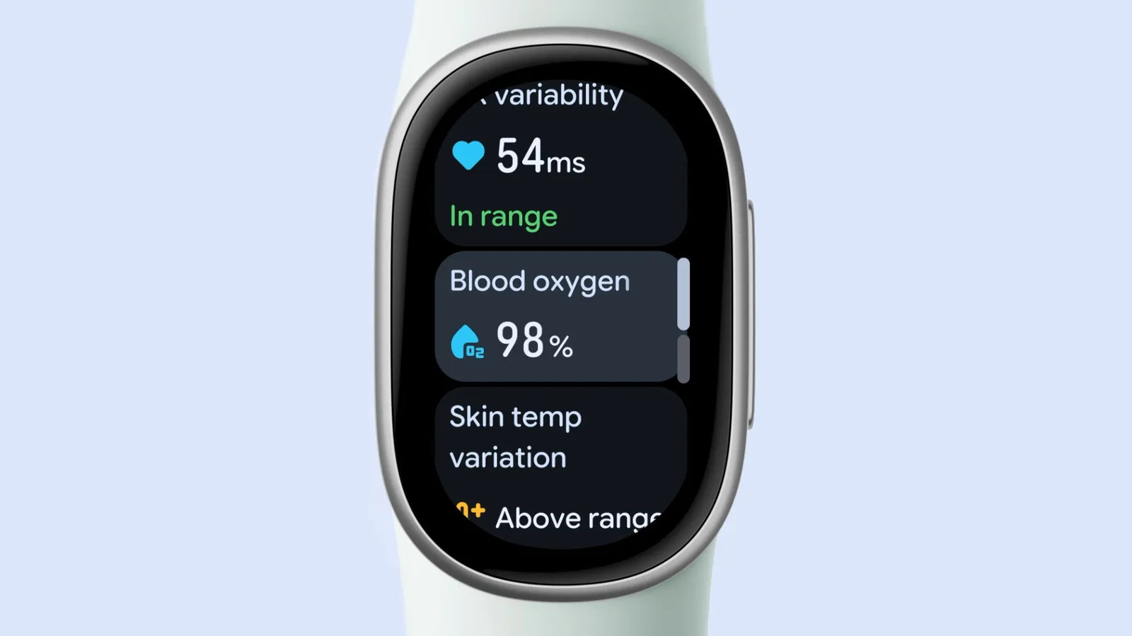 El Fitbit Edge mostrando frecuencia cardiaca, oxígeno en sangre y temperatura de la piel