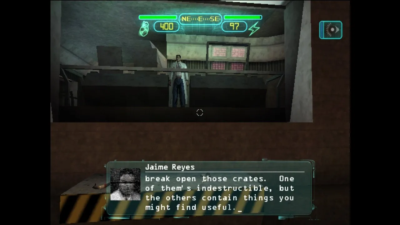 Diálogo de Deus Ex con el personaje Jaime Reyes, ejecutado en Switch mediante NetherSX2