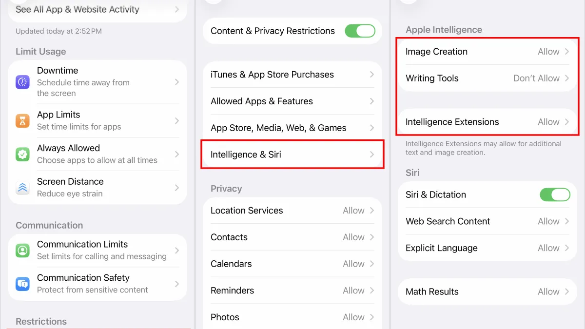 Ajustes de Tiempo de uso para desactivar funciones de Apple Intelligence