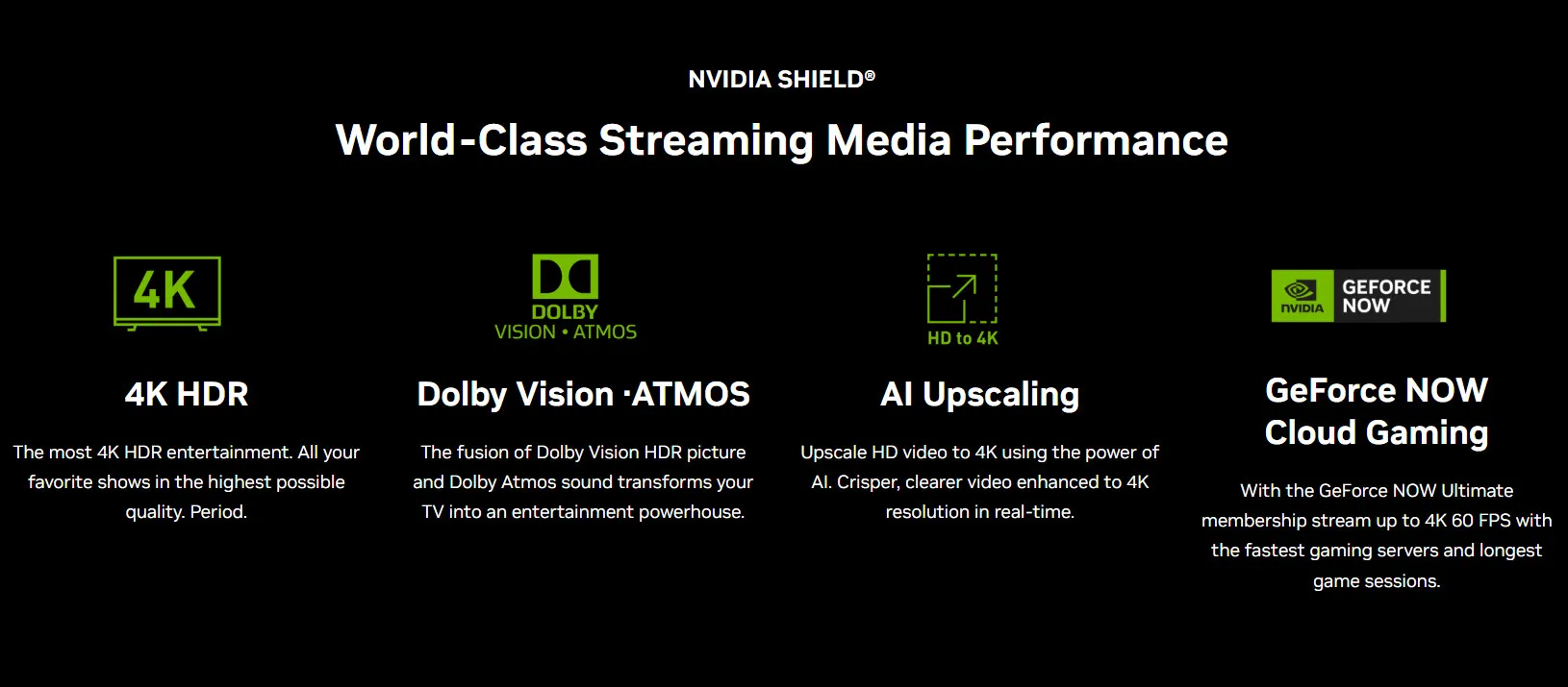 Presentación de características del NVIDIA Shield con 4K HDR, Dolby Vision, Atmos, reescalado por IA y GeForce NOW