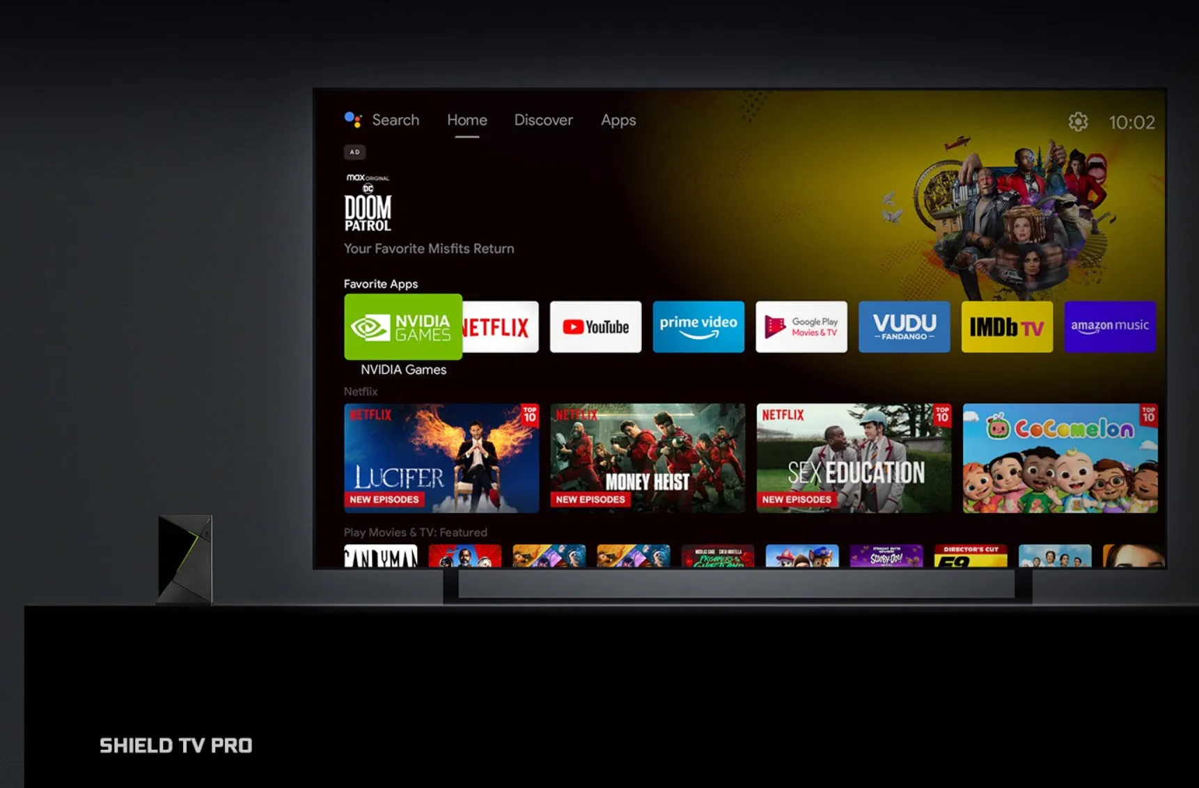 Interfaz del NVIDIA Shield TV Pro con aplicaciones como Netflix y NVIDIA Games en pantalla