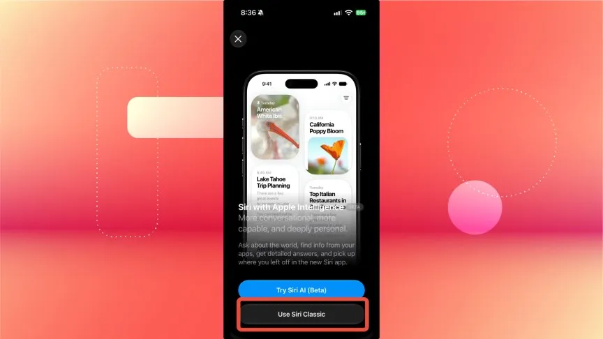 Menú para seleccionar Siri Classic en iOS 27