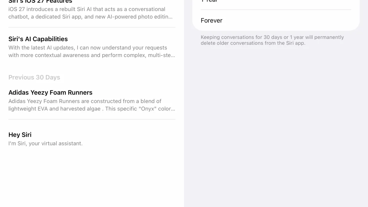 Ajuste de retención de conversaciones de Siri AI en iOS 27