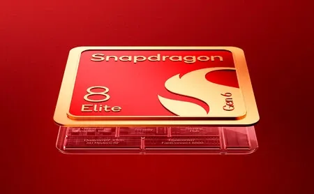 Render del chip Snapdragon 8 Elite Gen 6 en rojo y dorado