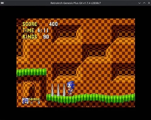 Animación de Sonic junto a la cascada de Green Hill Zone sin filtros, con el parpadeo y la rejilla visibles