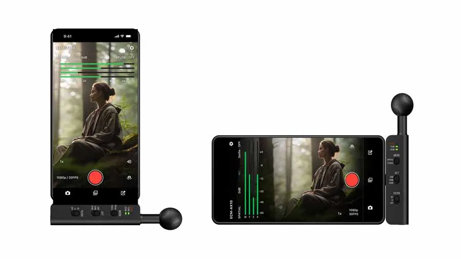 El micrófono ECM-AX10 en orientación vertical y horizontal conectado a un móvil, con la app de Sony mostrando medidores de nivel