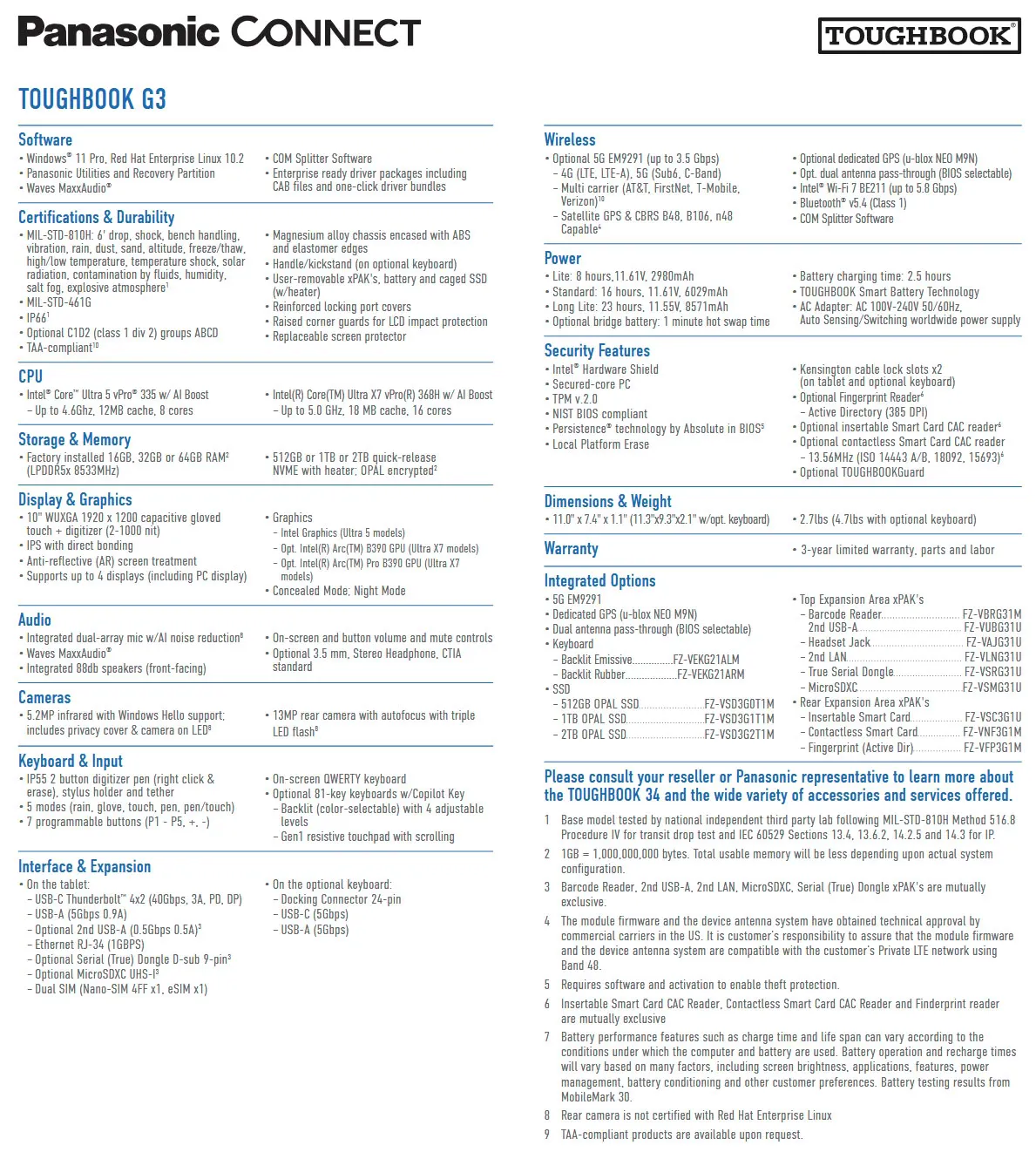 Ficha técnica del Panasonic Toughbook G3