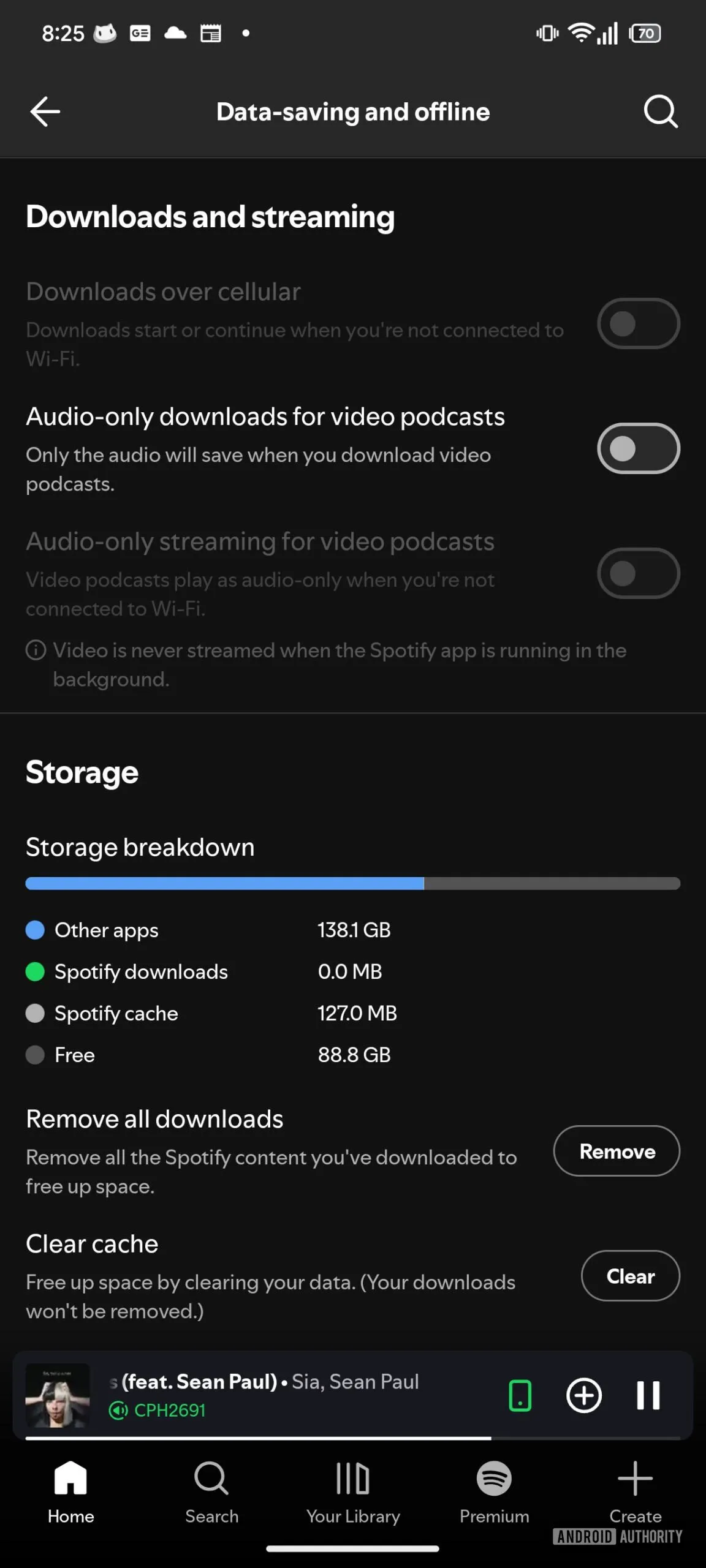 Pantalla de ahorro de datos y sin conexión de Spotify con el desglose de almacenamiento: descargas, caché y espacio libre
