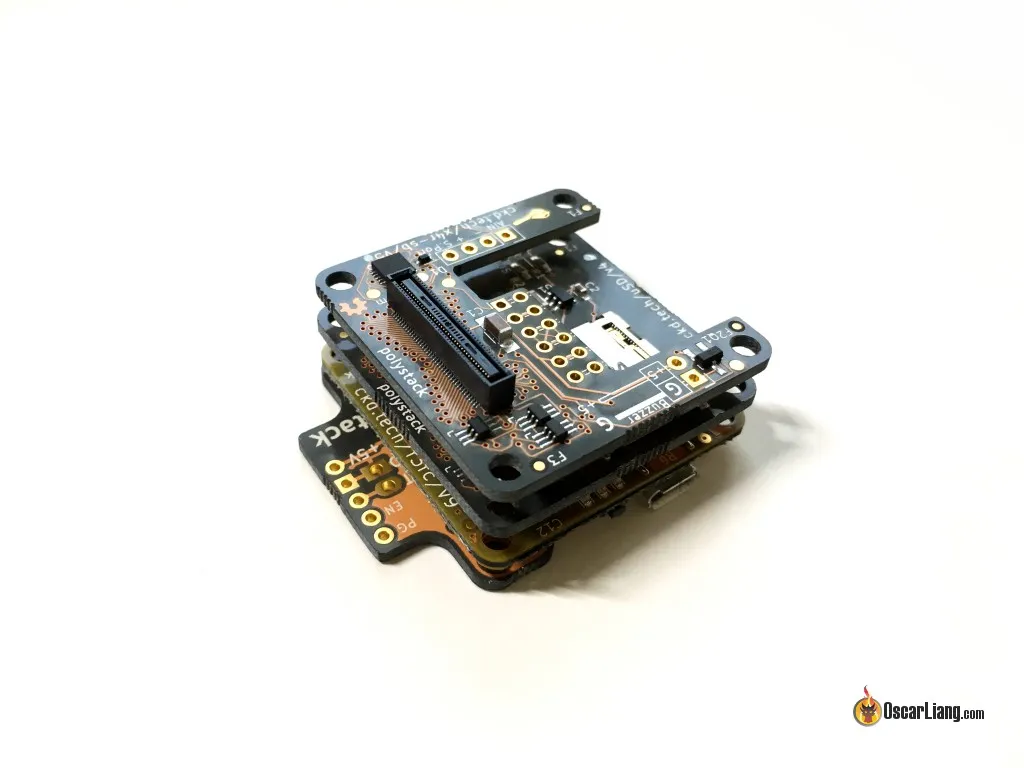 Polystack flight controller boards stacked and joined with high-density connectors