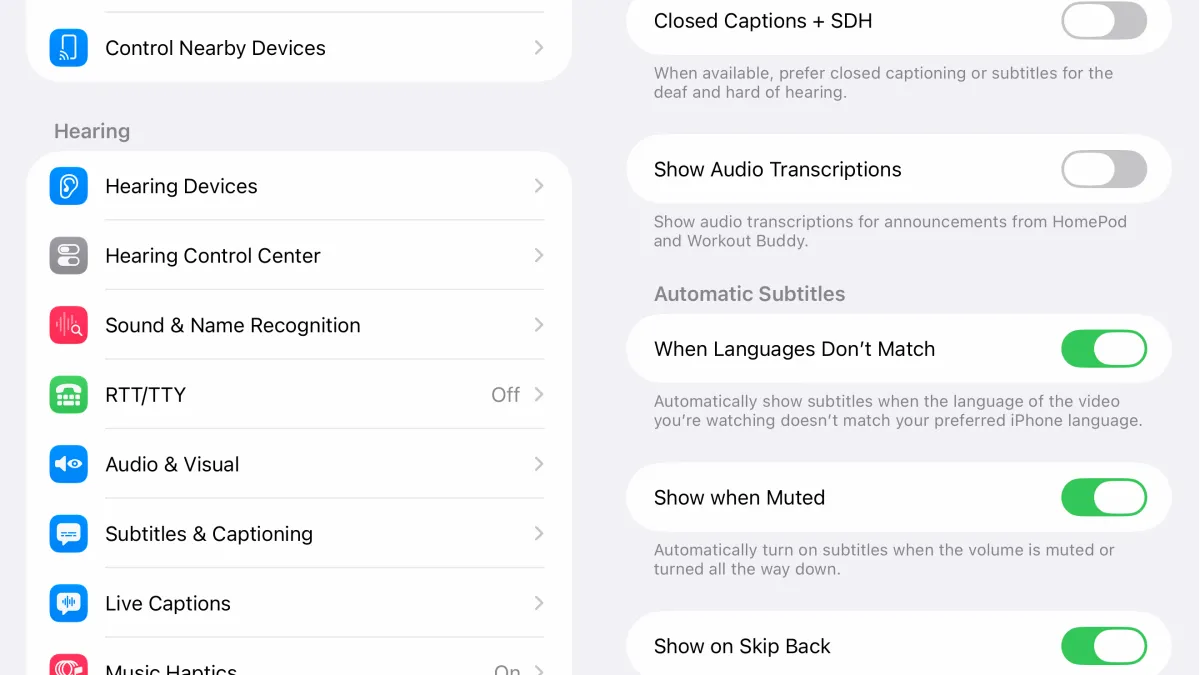Ajustes de subtítulos automáticos en iOS 27