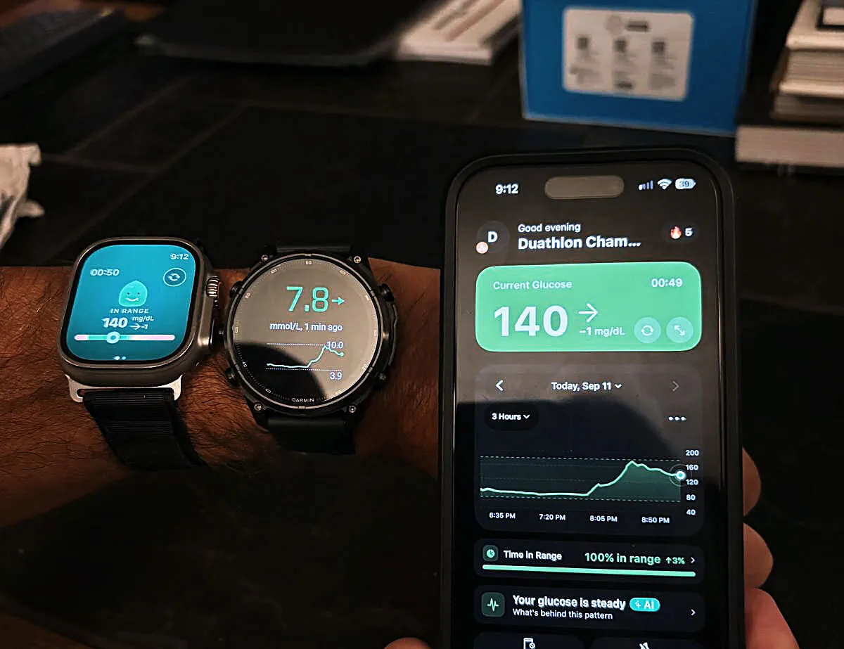 Datos de glucosa de Sugar Sense en un iPhone con un Garmin Fenix 9 Pro y un Apple Watch Ultra 4