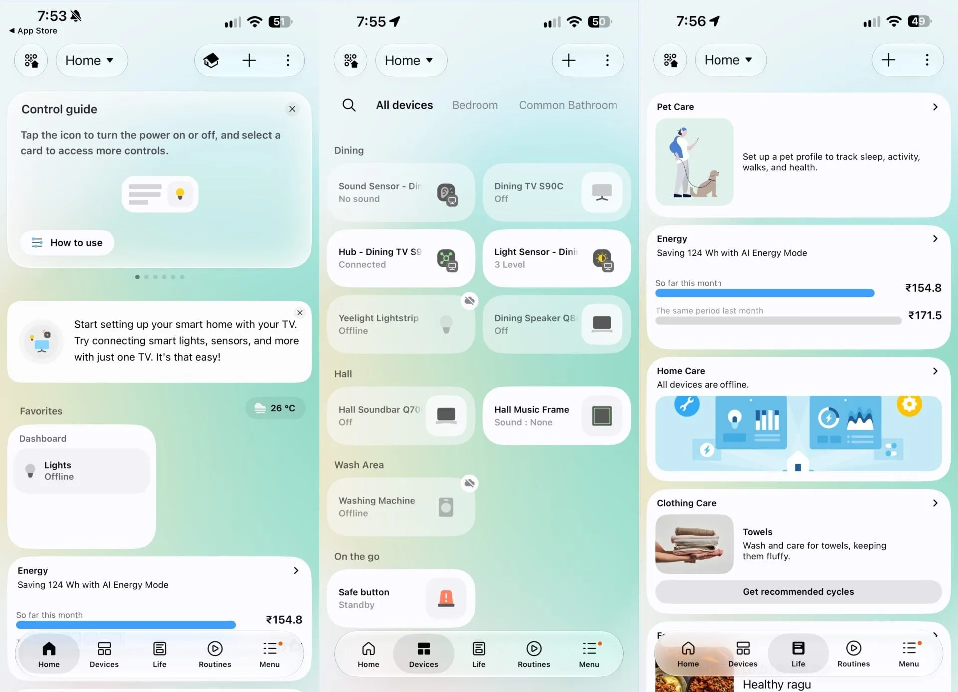 Pestañas de inicio, dispositivos y vida de la aplicación SmartThings en iOS