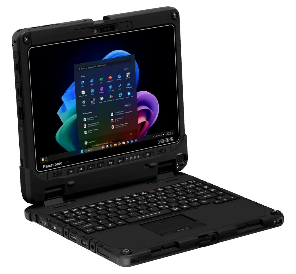 Toughbook 34 abierto en tres cuartos, con la pantalla táctil y el teclado reforzado