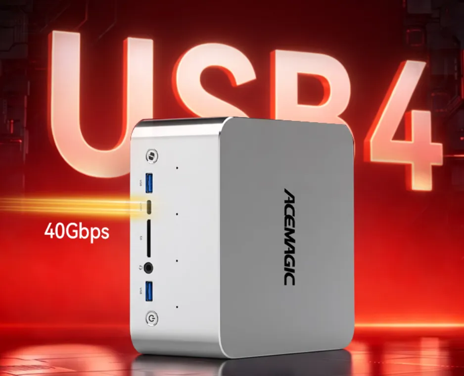 Vista lateral del ACEMAGIC F9A con el puerto USB4 a 40 Gbps destacado