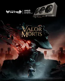 Arte promocional de la Nitro+ Radeon RX 9070 XT con el logotipo de Valor Mortis