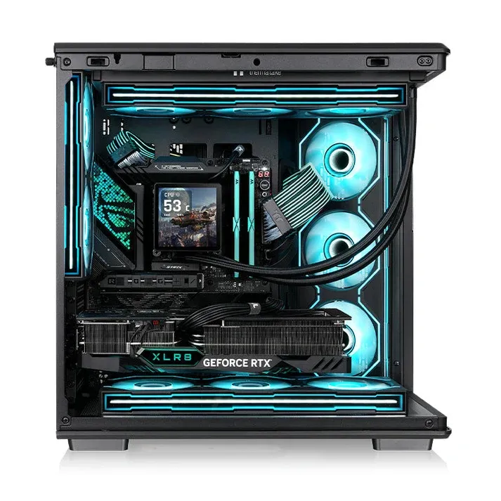 Oblique view of the black View 590 with the side and rear fans visible