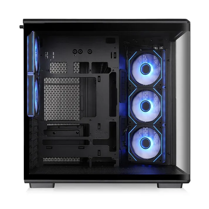 Side view of the View 590 interior with the motherboard tray and the three intake fans