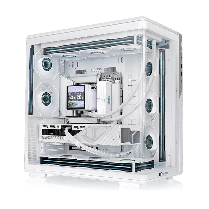 Thermaltake View 590 in the white finish with lit fans and curved glass
