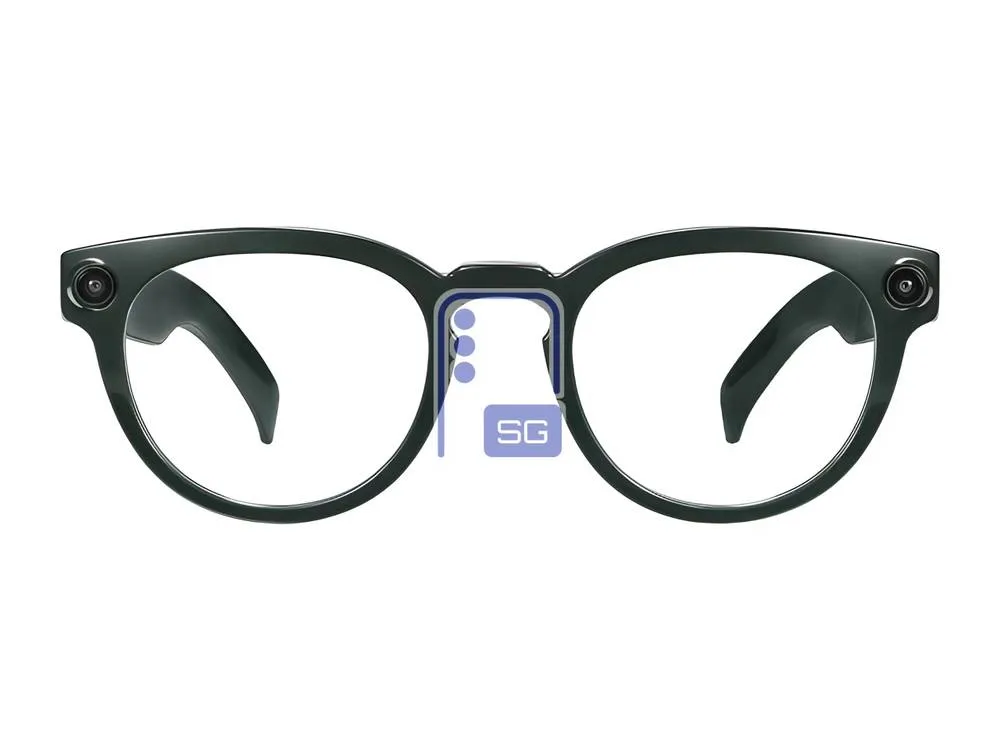 Montura de Warby Parker en verde oscuro con lentes transparentes y las cámaras integradas en las patillas